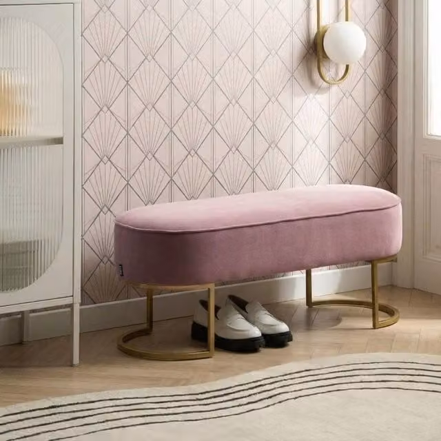 Wyld and Coco Pink Velvet Bed Bench with Gold Metal Legs, W/D/H: 104 x 40 x 40 cm