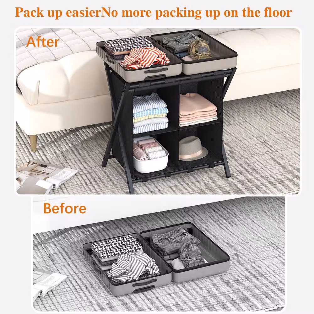 Huhote Set of 2 Sturdy Metal Luggage Rack Stands with Storage in Black – 4