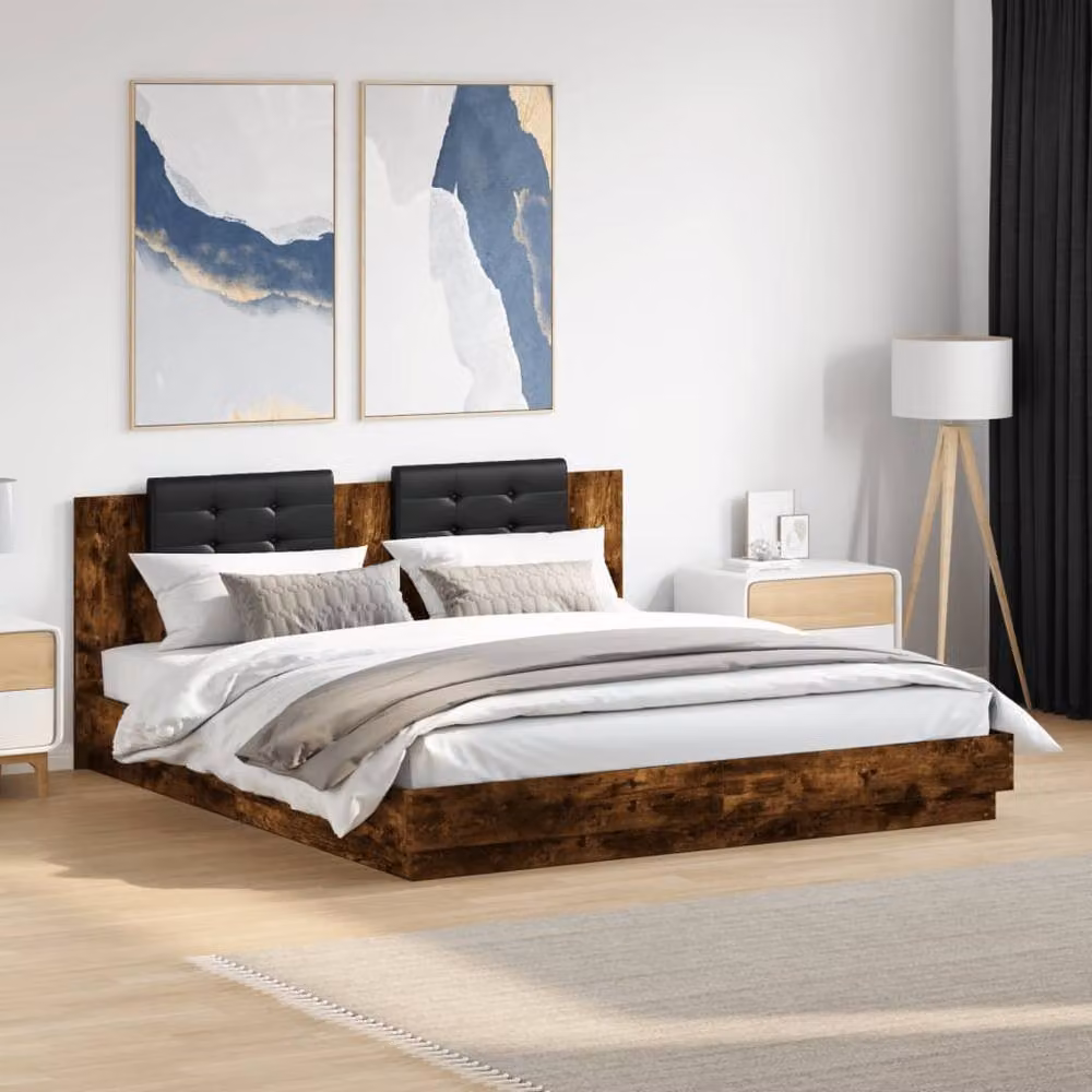 Berkfield Home Modern Bed Frame with LED Under-Bed Lighting and USB Charging Port in Smoked Oak Brown, W/D/H: 200 x 200 cm – 2