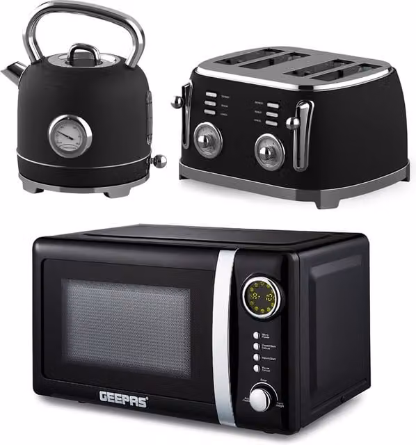 Geepas Retrovive Kitchen Combo Set in Black featuring 1.8L Electric Kettle, 4 Slice Toaster and 20L Digital Microwave Oven – 1