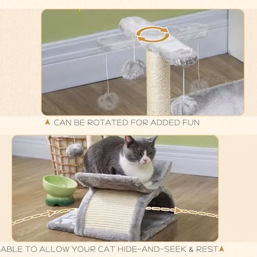 PawHut Grey Cat Tree with Rotatable Top Bar, Sisal Scratching Post, Tunnel and Integrated Toys – 3
