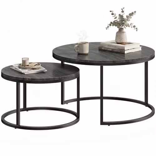 HOMCOM Set of 2 Round Nesting Coffee Tables in Black Wood Grain, W/D/H: 78.5 x 78.5 x 46.5 cm – 1
