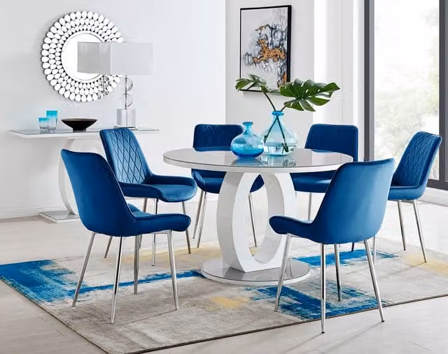 FurnitureboxUK Giovani Round Grey Glass Dining Table with 6 Navy Pesaro Silver Leg Chairs