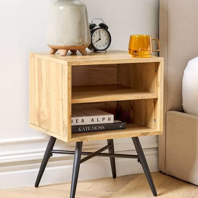 Wyld and Coco Mid-Century Brown MDF and Metal Bedside Table