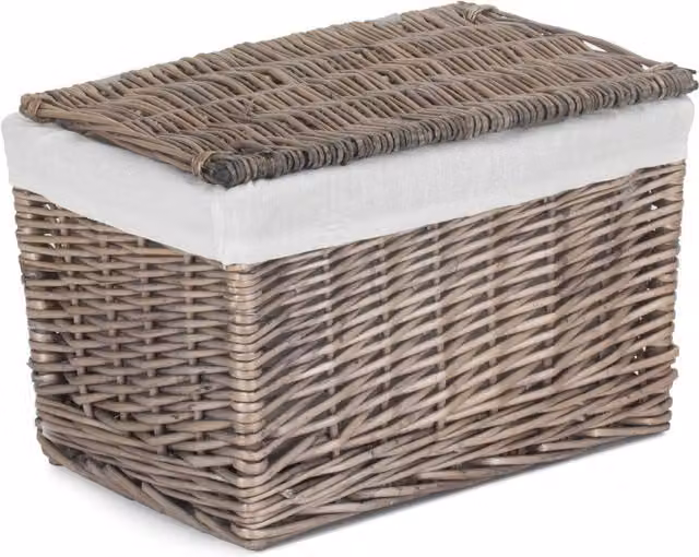 Red Wicker Storage Hamper Basket with Lid and Removable Cotton Fabric Bag in Brown and Grey