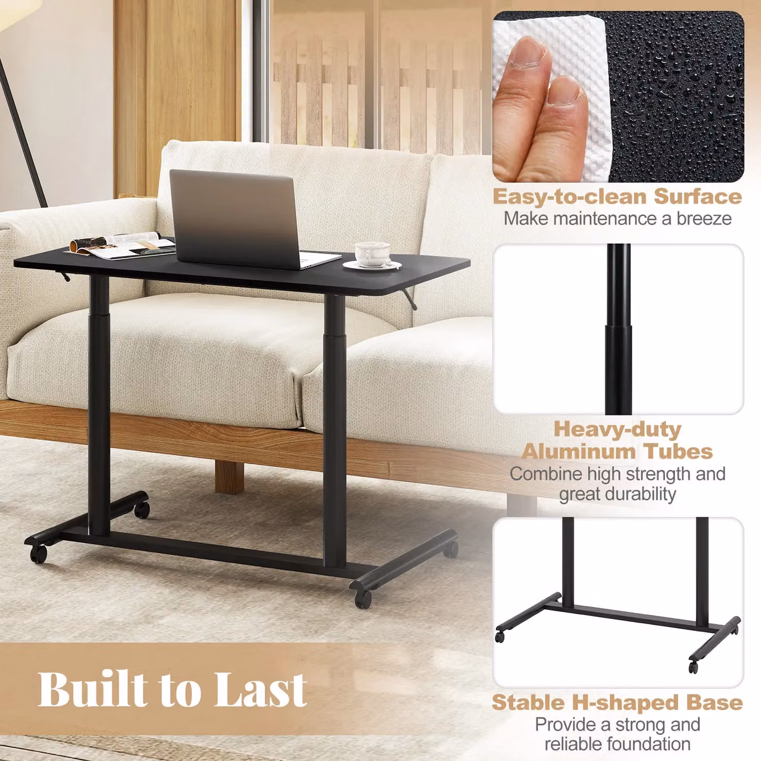 Costway C-Shaped Mobile Standing Desk with Adjustable Height and Castors, Black – 6
