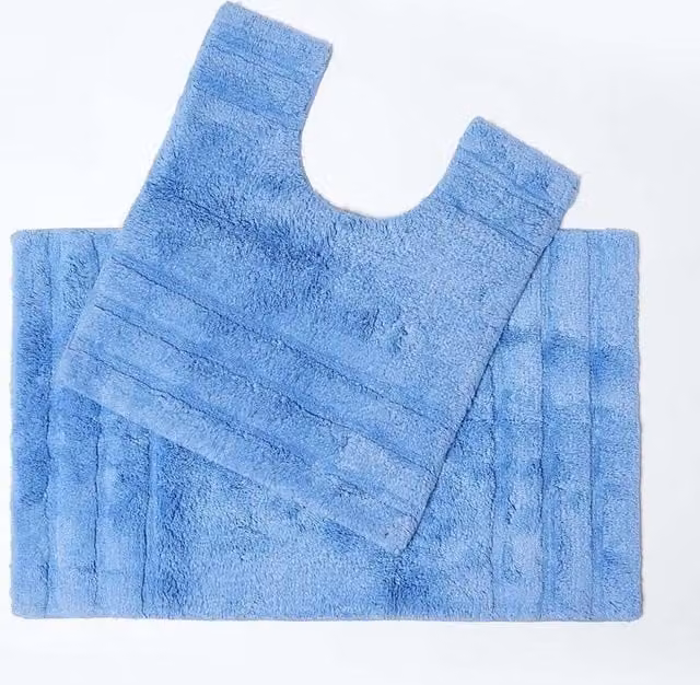 Homescapes Spa Supreme Luxury Blue Cotton Bath Mat and Pedestal Set, W/D/H: 50 x 80 cm and 50 x 55 cm
