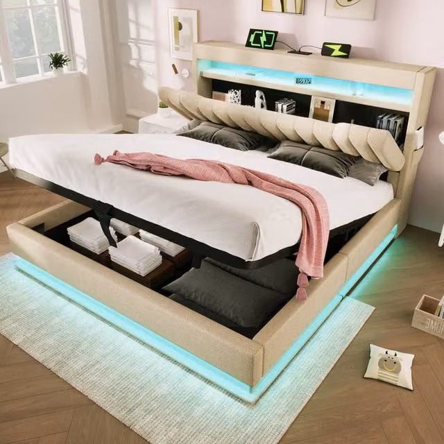 Merax Beige Upholstered King Size Storage Bed with LED Lighting, USB Charging Ports and Lift-Up Base, W/D/H: 180 x 200 cm