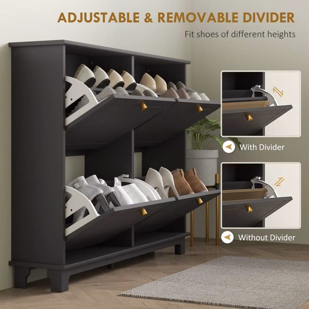 Wyld Haus Serodo Black Slim Shoe Cabinet with 4 Tilting Compartments and Gold Accents, Fits up to 16 Pairs – 5