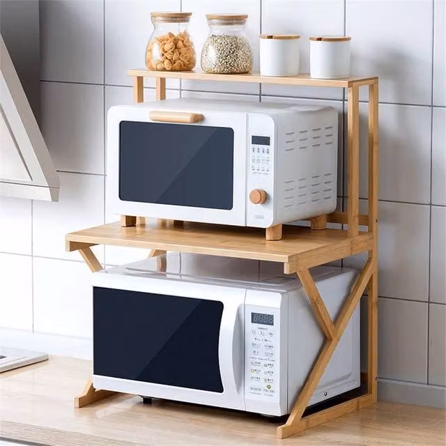 Nordara 2-Tier Bamboo Microwave Stand and Kitchen Counter Rack Organizer in Brown, W: 100 cm, D: 15 cm, H: 67.5 cm