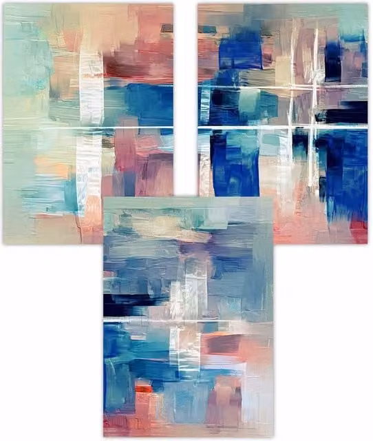 ARTZE Set of 3 Modern Abstract Geometric Paper Posters in Blue, Pink and White, W: 59 cm, H: 84 cm
