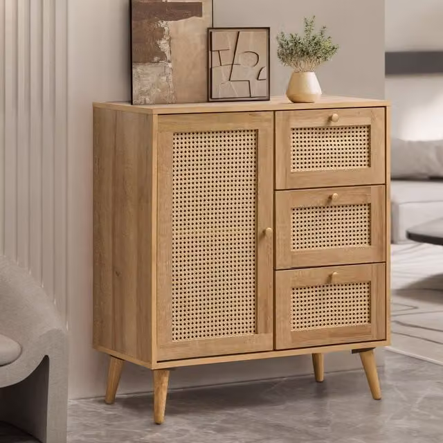 Swish Furniture Manila Rattan Compact 1 Door 3 Drawer Sideboard in Brown Oak