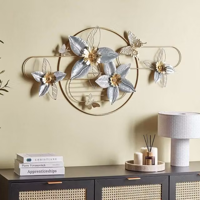Wyld and Coco Gold Metal Floral and Butterfly Wall Art, W/H: 117 x 59 cm