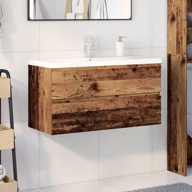 Berkfield Home Freestanding Sink Cabinet with Built-in Basin and Faucet in Brown Old Wood, H: 90 cm, W: 45 cm, D: 38.5 cm – 1