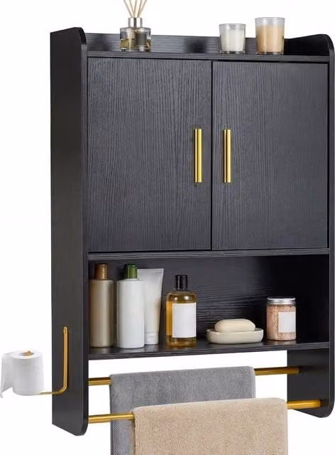 EONLION Modern Matt Black Wall Mounted Bathroom and Kitchen Cabinet with Hinged Doors and Internal Shelves