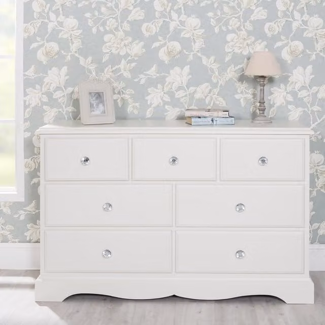 Romance 3 over 4 Chest of Drawers in Antique White with Diamond Shape Crystal Handles