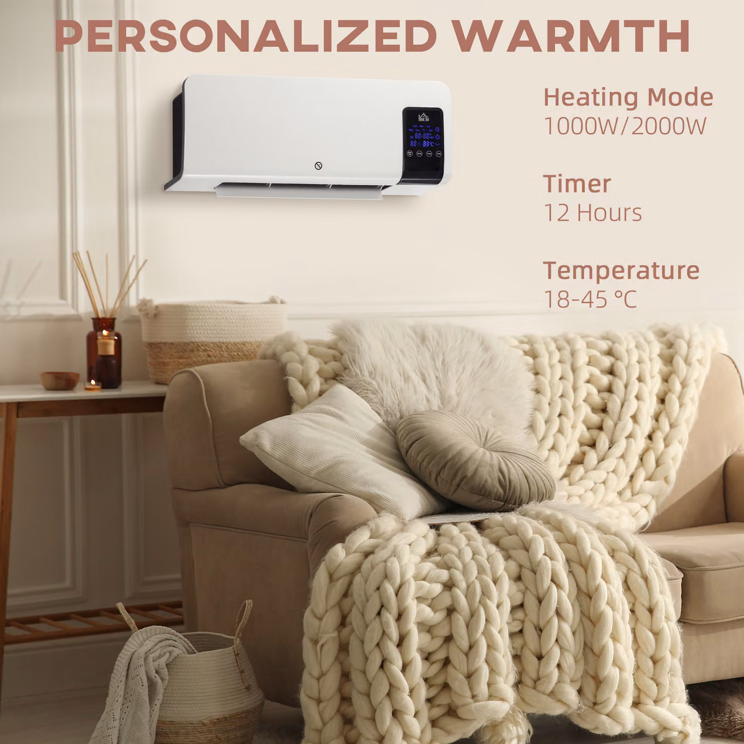 HOMCOM White Wall Mounted Ceramic Fan Heater, 2000W with Remote Control, Timer and Overheat Protection – 3