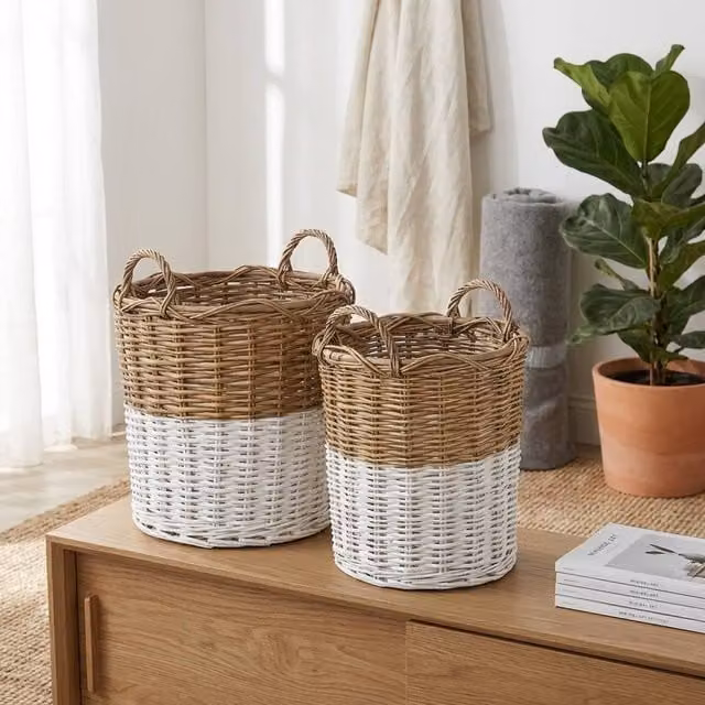 Garden Greatness Duo Natural Woven Rattan Storage Baskets in Beige and Sand