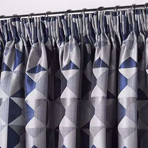 Alan Symonds Skandi Geometric Jacquard Fully Lined Pencil Pleat Curtains in Navy Blue, W: 168 cm, H: 182.88 cm – 2
