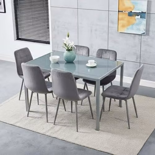 Kosy Koala Modern Grey Glass Rectangular Dining Table with 6 Grey Velvet Chairs