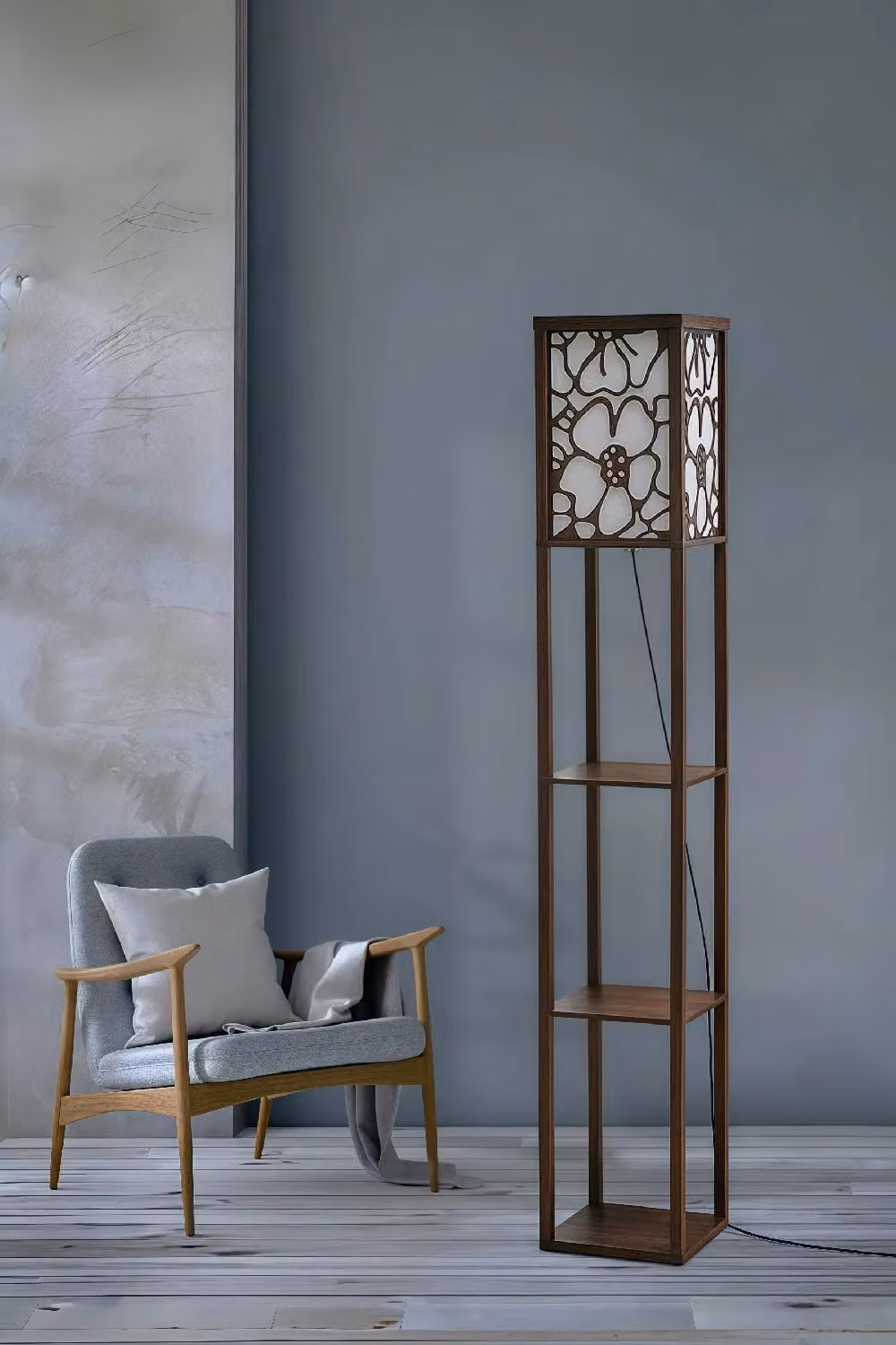 Living and Home Vintage Column Floor Lamp with Wood Storage Shelf in Brown and Multicolour, H 160 x W 26 x D 26 cm – 2