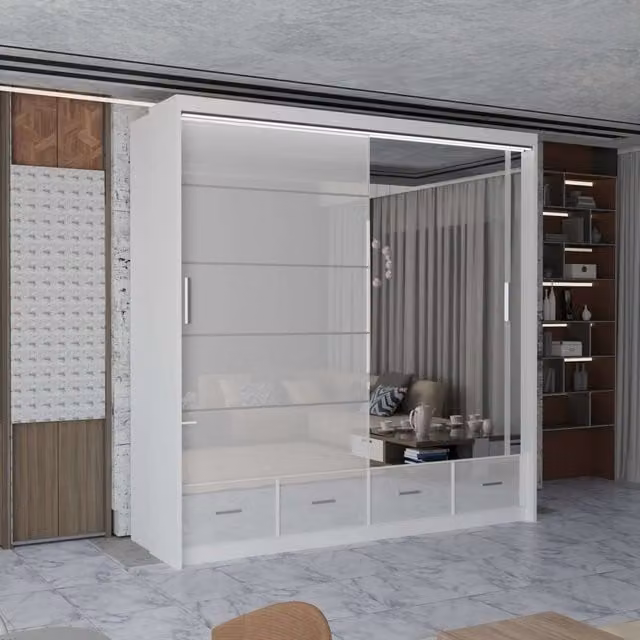 MN Furniture High Gloss White Sliding Mirrored Wardrobe with Integrated LED Lighting, W/H: 203 x 220 cm