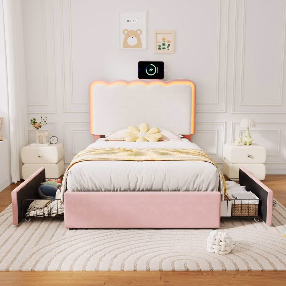 Rolipo Pink Velvet Upholstered Single Bed with LED Headboard, USB Charging Port, Bedside Shelf and 2 Drawers, W/D/H: 90 x 190 cm – 1