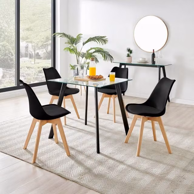 FurnitureboxUK Seattle Square Glass Dining Table with 4 Stockholm Wooden Leg Chairs in Black and Transparent