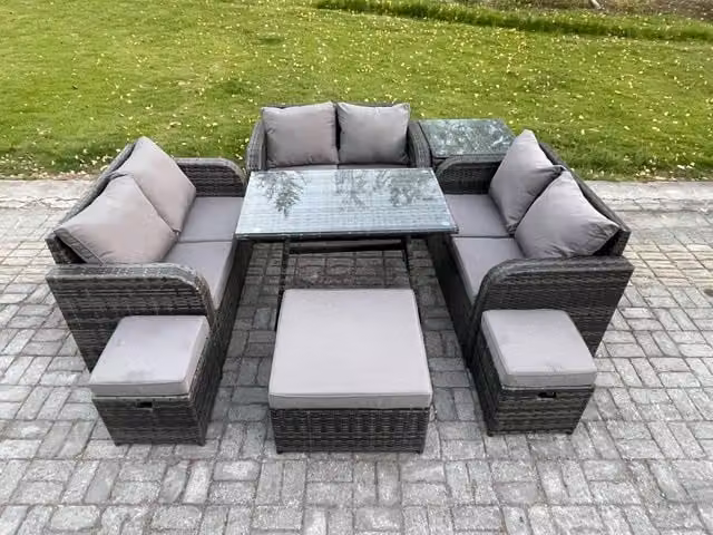 Fimous 9 Seater Outdoor Rattan Garden Furniture Set in Dark Grey with Rectangular Dining Table, 3 Footstools and Side Table