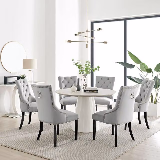 FurnitureboxUK Palma Beige Stone Effect Round Dining Table and 6 Belgravia Black Leg Chairs in Grey