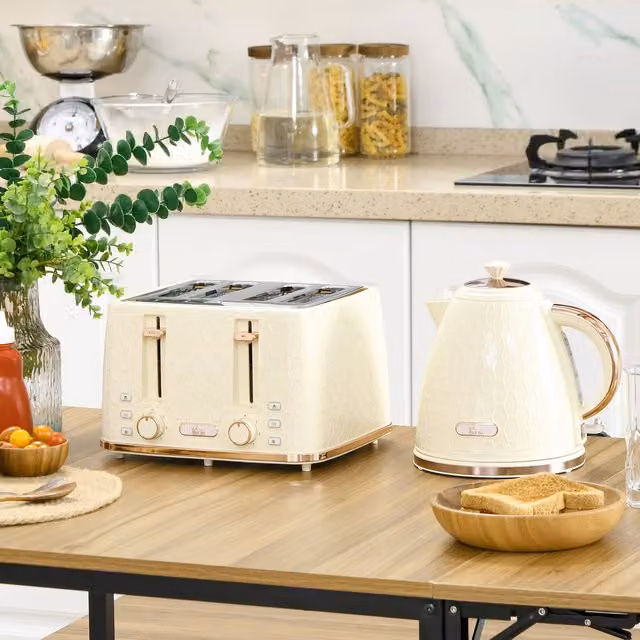 HOMCOM Kettle and Toaster Set with Defrost, Reheat and Crumb Tray, Beige, 1.7 l – 1
