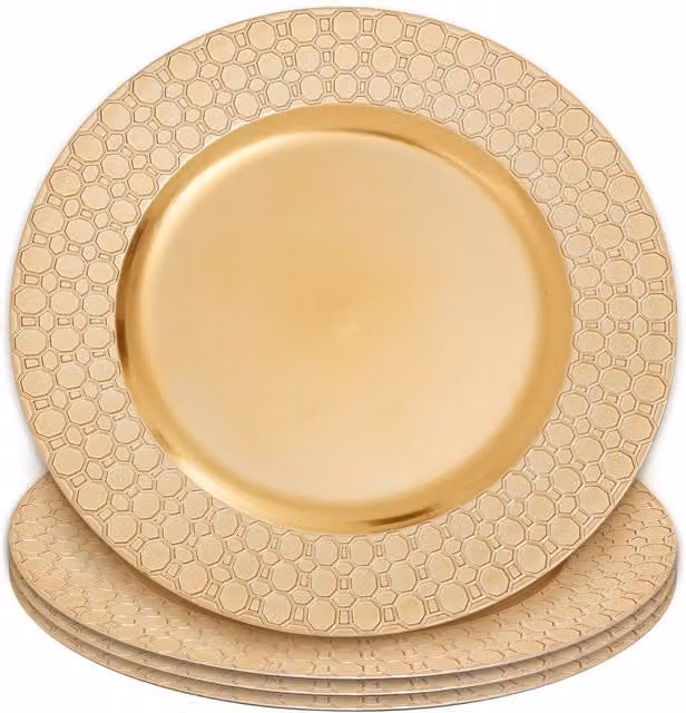 Orsina Set of Four Gold Plastic Charger Plates with Geometric Octagon Pattern, Diameter: 33 cm