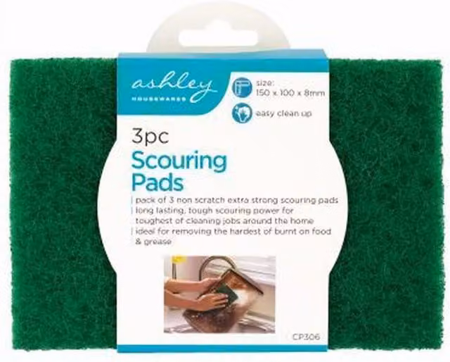 Ashley Heavy-Duty Scouring Pads, Green, Pack of 3