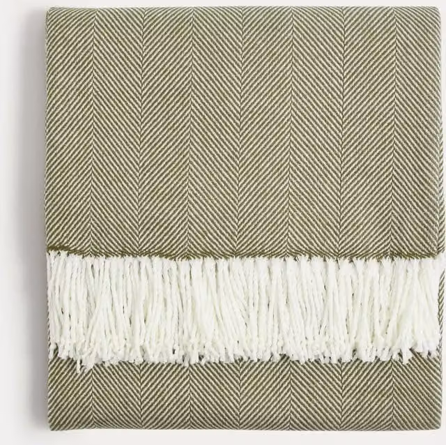 M&S Green Herringbone Woven Throw with Fringes