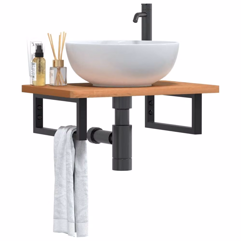 Berkfield Home Wall Mounted Basin Shelf in Brown Steel and Solid Beech Wood – 1