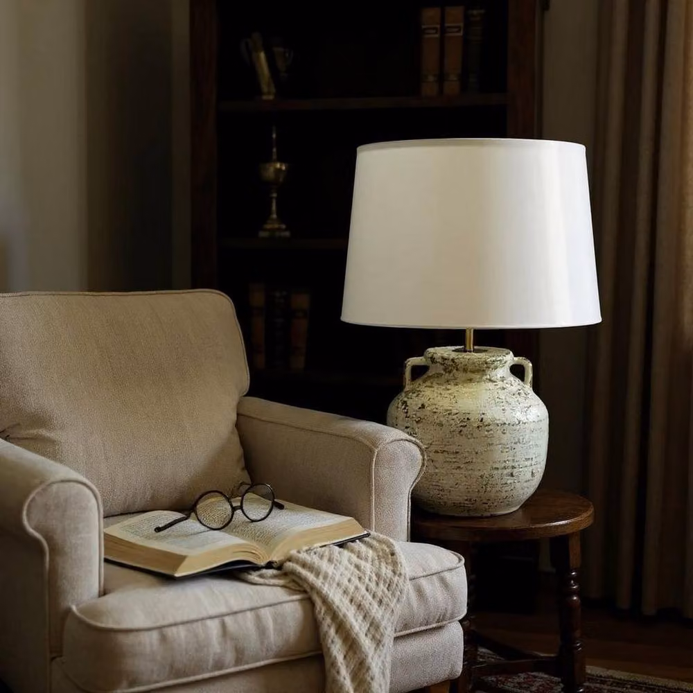 Minster Ceramic Table Lamp and Shade in Silver and White, H63 x W40 x D46 cm – 3