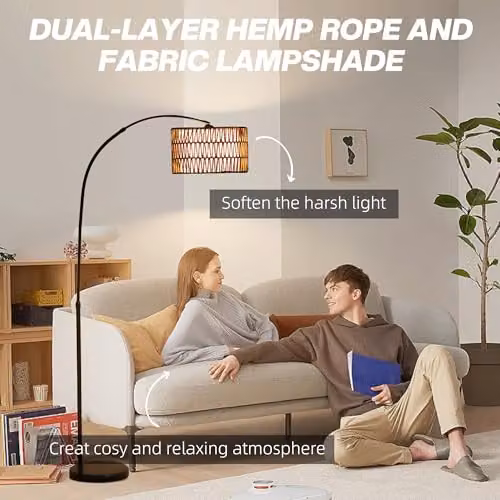HOMCOM Black Rattan Arc Floor Lamp with Foot Switch and Adjustable Height – 3