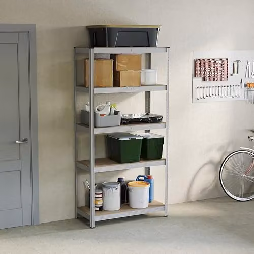 Home Vida 5 Tier Heavy Duty Adjustable Steel Garage and Kitchen Shelving Unit, Silver, H 180 cm x W 40 cm x D 40 cm