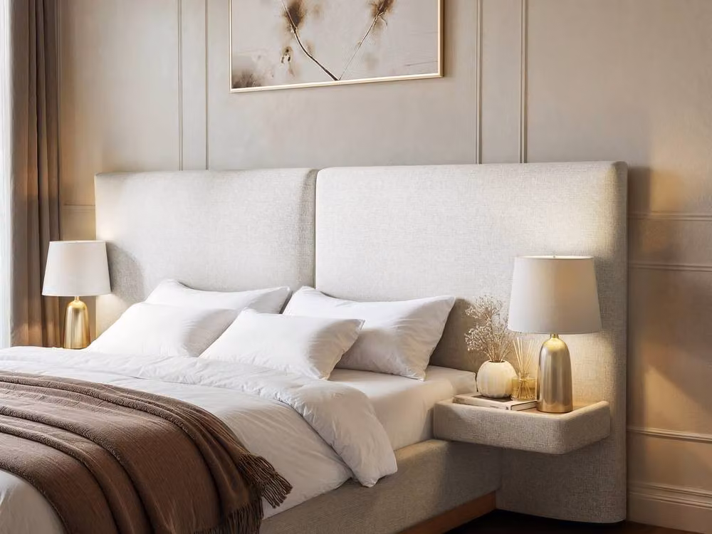Solace+Co Vera Hotel Bed with Bedside Tables and Headboard in Cream, W/D/H: 180 x 200 cm – 2