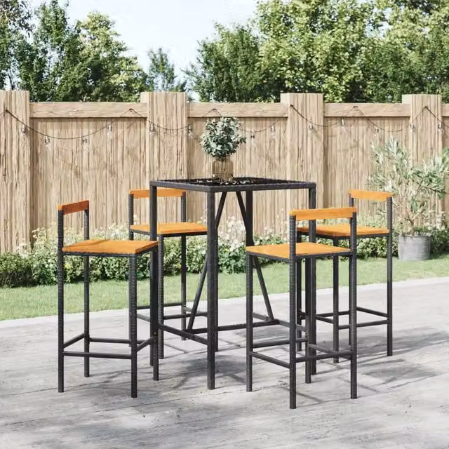 Berkfield Home 5 Piece Garden Bar Set in Black Poly Rattan and Solid Acacia Wood – 1