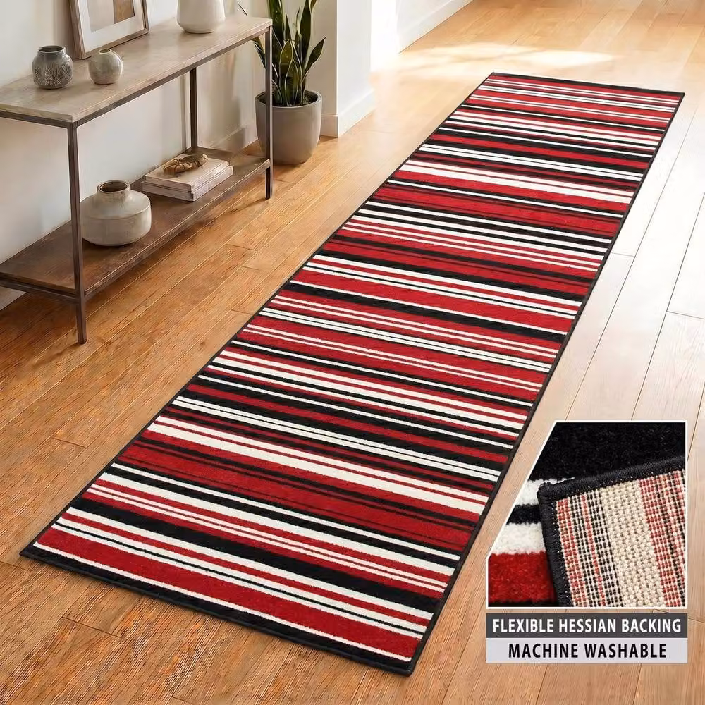 Bravich LTD Red Two Tone Striped Hallway Runner Rug, Non Slip Low Pile Polypropylene, W: 60 cm, L: 540 cm – 4