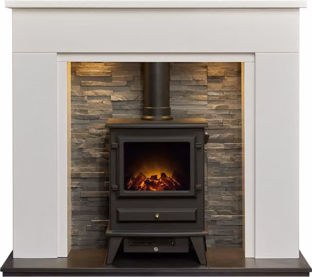 Acantha Rimini White Marble Fireplace with Hudson Black Electric Stove
