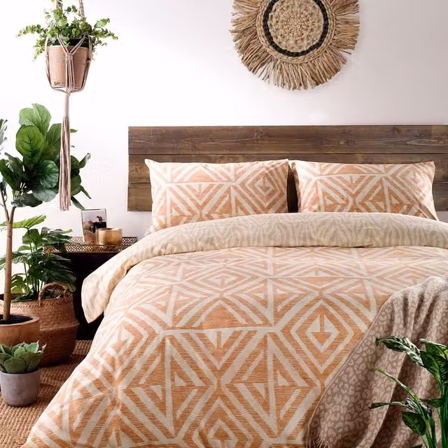 Furn Tanza Global Geometric Reversible Duvet Cover Set in Orange, 180 x 200 cm