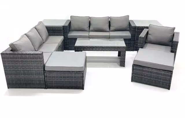Fimous 9 Seater Rattan Garden Furniture Set in Dark Grey with 3 Seater Sofa, Coffee Table, 2 Footstools and 2 Side Tables