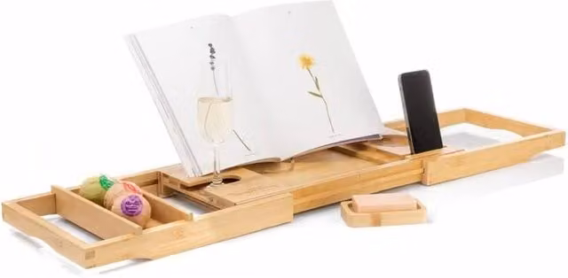 Havendro Adjustable Bamboo Bath Caddy Tray and Bathtub Shelf in Natural Brown