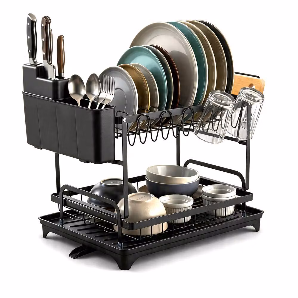 Crystals 2 Tier Metal Dish Drying Rack with Drip Tray and Utensil Holder in Black – 2