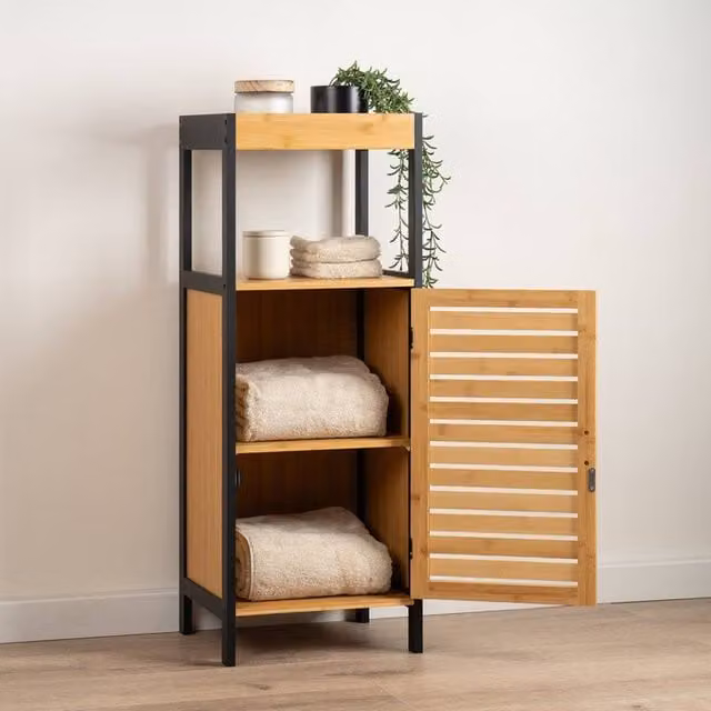 Scottish Everlastings Ltd Small Black and Multicolour Freestanding Bamboo Bathroom Unit with Hinged Doors and Internal Shelves, W/D/H: 90.0 x 30.0 x 30.0 cm