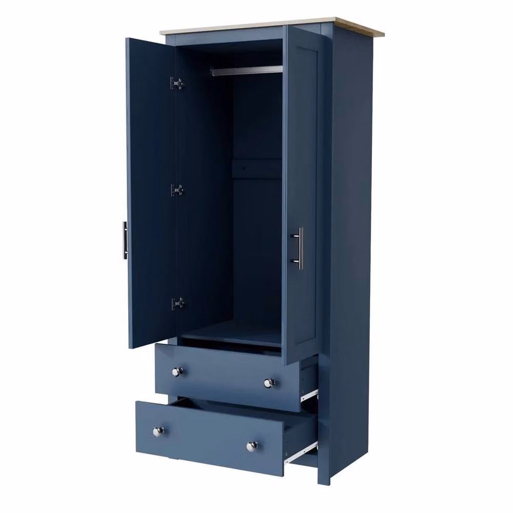 FLAVORA Navy 2 Door Wardrobe with Oak Top, Drawers and Hanging Rail, W: 100 cm, H: 100 cm, D: 40 cm – 2