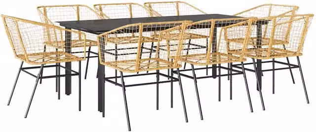 Berkfield Home 9 Piece Modern Brown Poly Rattan Garden Dining Set with Glass Top – 1