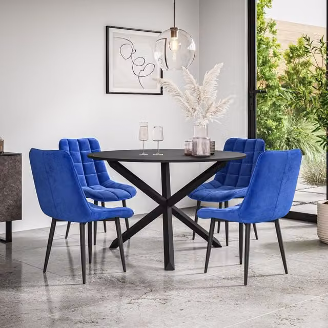 More4Homes Malvern Round Dining Table and Set of 4 Nova Blue Velvet Dining Chairs with Black Oak Legs – 1